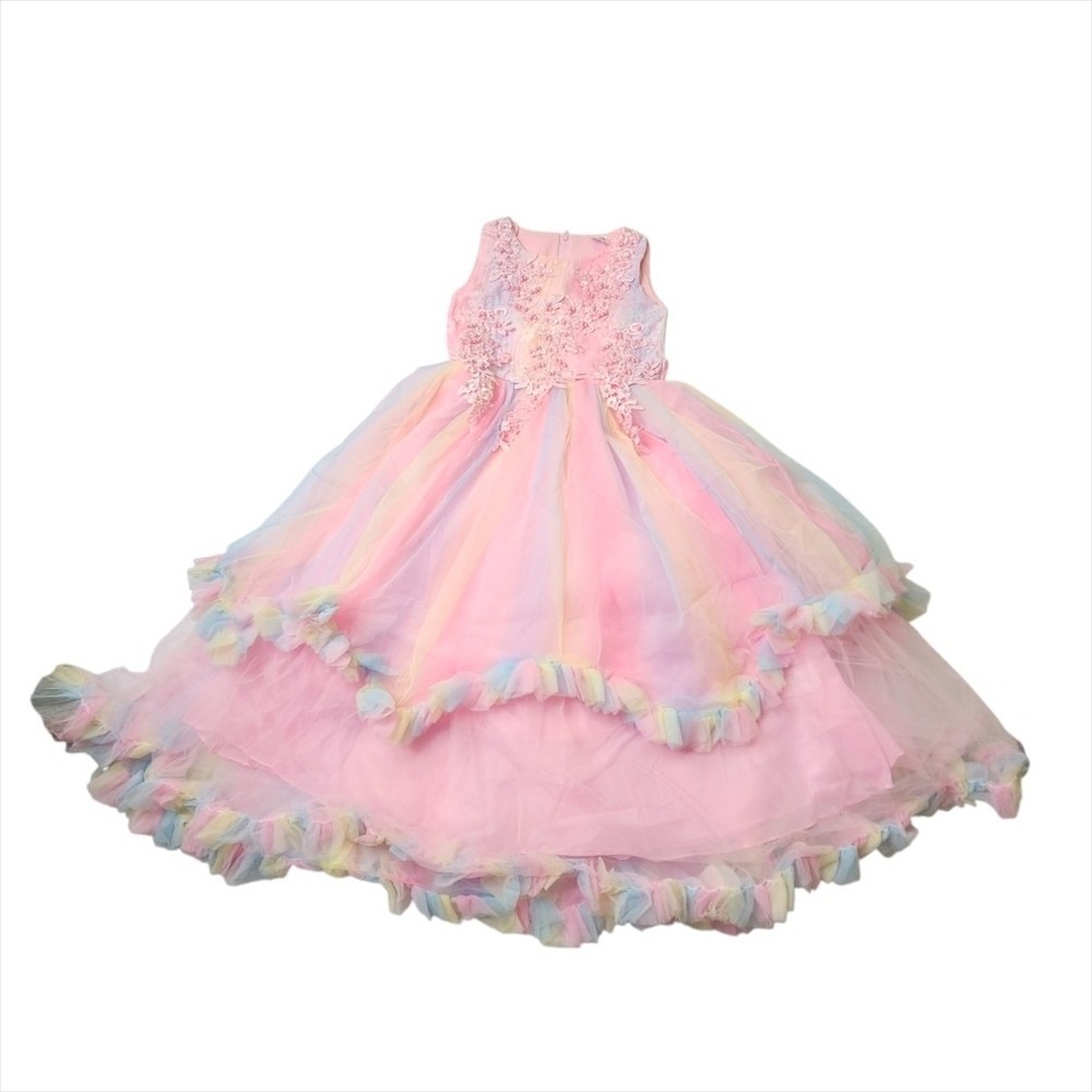 Girls Pastel Rainbow Tulle Princess Dress Pink Lace Bodice Size 110 (4/5T)